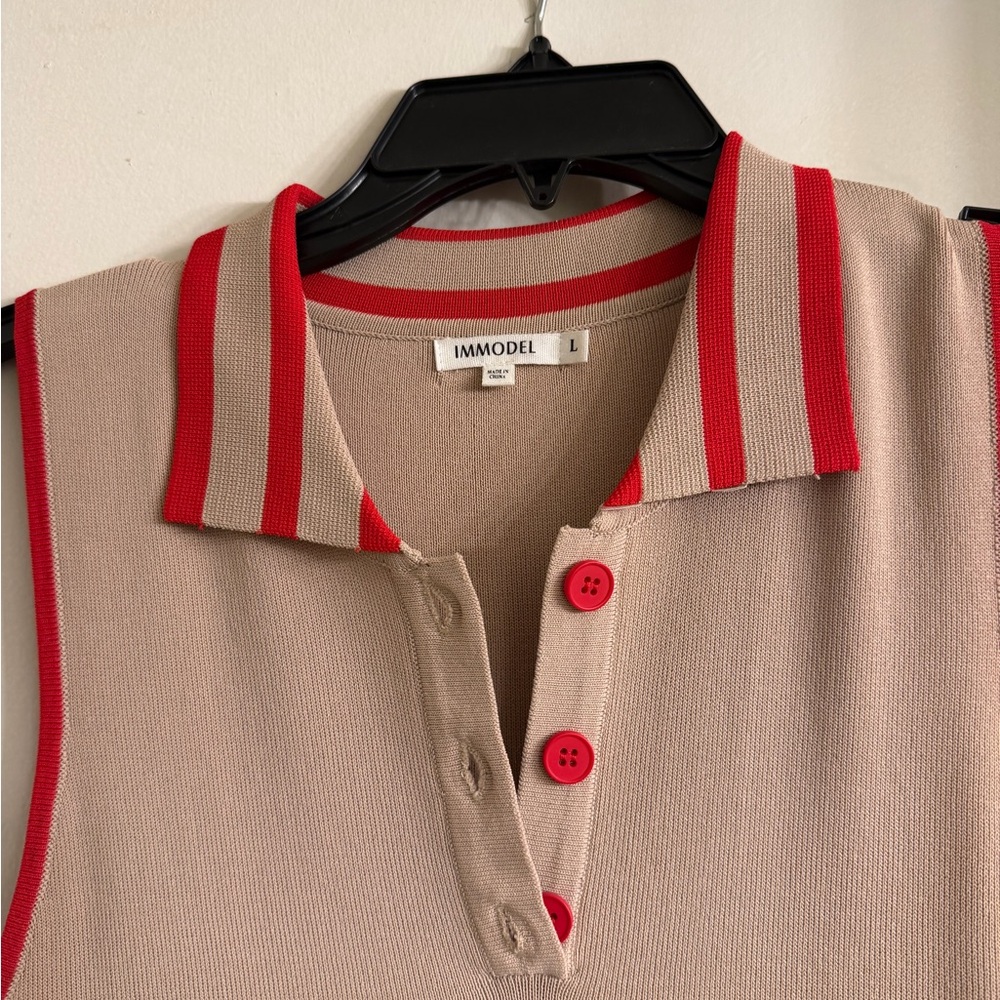 IMMODEL Beige Knit Polo dress with Red Trim